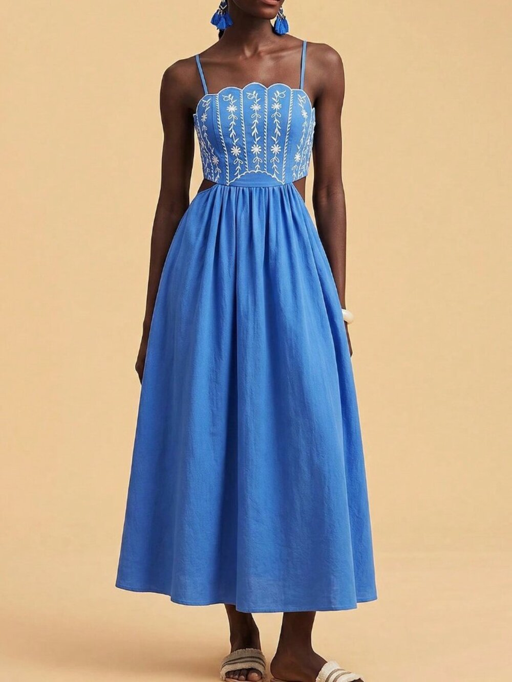 Royal Blue Boho Women's Floral Embroidered Elegant Backless Camisole Dress - Picture 5 of 7